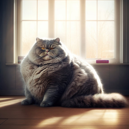 A huge gray fat cat. Fluffy fat cat basking in the sunlight from a window. Generative AI.の素材