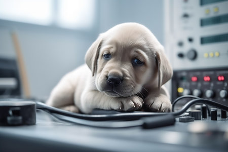 A sad golden retriever puppy at the vet clinic. The sick puppy is lying on a table surrounded by medical devices. Generative AI.の素材