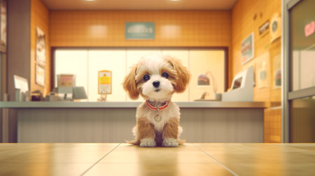 A cute puppy sits in a vet's office looking at the camera. Cute little dog character. Generative AI.の素材
