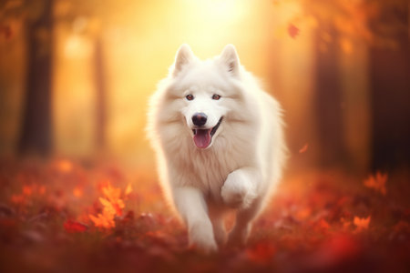 A happy white Samoyed runs through the autumn forest. Generative AI.の素材