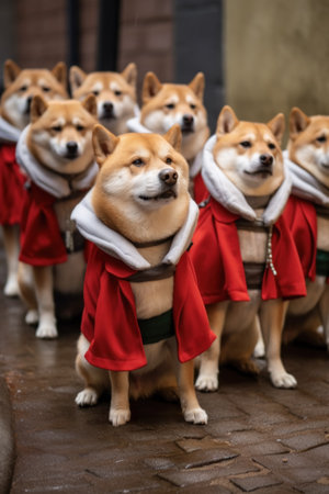 Shiba Inu leading a group of dogs in red suits on Christmas Eve. Generative AI.の素材