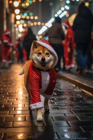 A Shiba Inu dog in a red suit walks among a group of carolers on Christmas Eve. Generative AI.の素材