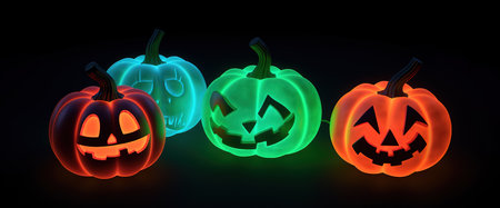 Halloween background. Scary neon pumpkins on black background. Generative AI.の素材