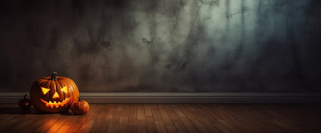 Halloween banner with copy space. Spooky pumpkin with glowing Jack-o-Lantern face on blurry gray wall background. Generative AI.の素材