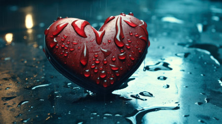 Glossy heart with water drops on transparent background. PNG element. Generative AI.の素材