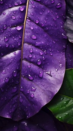 Close up of water drops on purple leaf. Generative AI.の素材