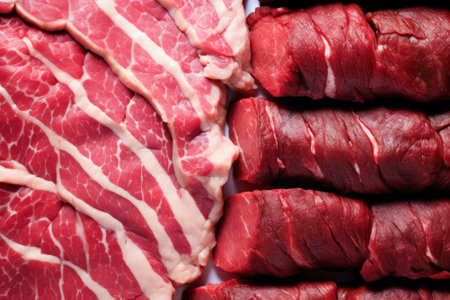 Pieces of red meat background. Generative AI.の素材