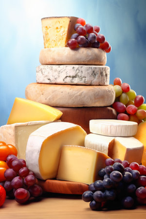 Tower of assorted cheeses and fruits. Generative AI.の素材
