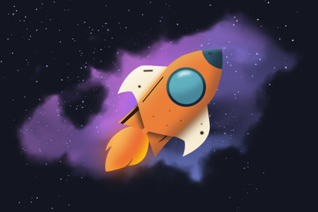 Cute retro cartoon space rocket in space. Flying spaceship with fire bursting out in the endless...