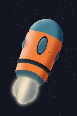 Retro style Cartoon space rocket in space. Flying spaceship with fire bursting out in the endless darkness of starry space. Fantastic Sci-fi cartoon illustration.の写真素材