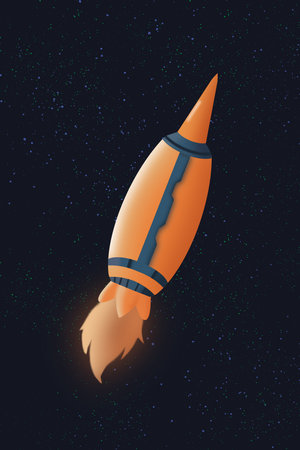 Minimalistic cartoon space rocket in retro style. Orange spaceship with bursting out fire in outer space. A rocket in dark cosmos with stars.の写真素材