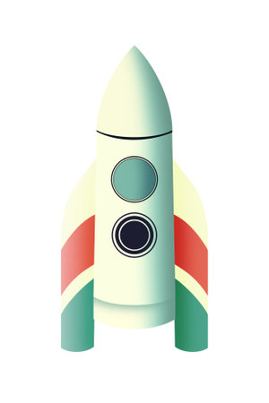 Futuristic cartoon rocket in retro style. A light spaceship with portholes and stripes on the wings. Fantastic Spacecraft isolated on white background.の写真素材