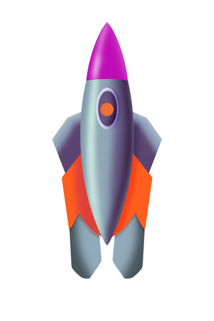 Spaceship. An illustration of a fantastic Space Rocket in metallic chrome with porthole, orange and magenta trim details. Spacecraft isolated on white background.の写真素材