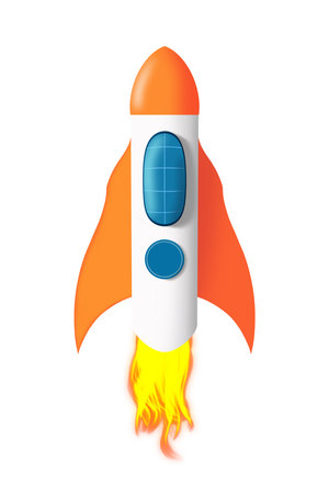 Rocket launch. A white rocket with orange and blue elements and fire escaping from its engines. Cartoon Spaceship isolated on a white background. Can be used as an icon or elements for your creativityの写真素材
