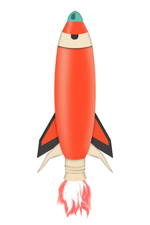 Red Rocket launch. Illustration of a red space rocket launch with engine fire. Outer space element isolated on white background. Can be used as an element for your creativity or as icon.の写真素材