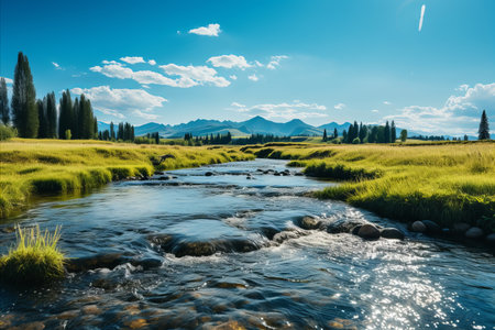 Serene Morning Landscape: Sunlight on Meandering River and Green Meadowsの素材