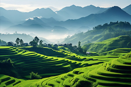 Golden sunrise over mesmerizing foothills a stunning view of sunlit hills and lush green foliageの素材