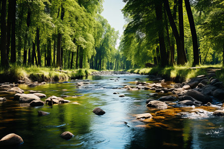 Picturesque Morning Sunlight on Meandering River Through Lush Green Meadowsの素材