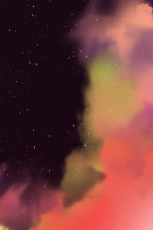 Fantastic cartoon nebulas clouds in space. Illustration of red and yellow gas nebulas against a background of black stellar space.の写真素材