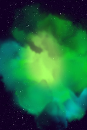 A fantastic green cloud of gas nebula in stellar space. A cartoon illustration of cosmic space.の写真素材