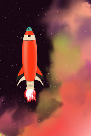 A cartoon rocket in space. Space shuttle launches against a red cloud of nebulae and dark starry...