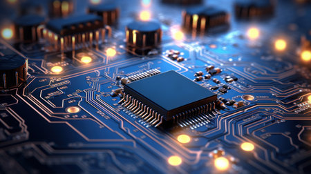 Glowing circuit board highlighting the central processing unit, embodying advanced technology.の素材