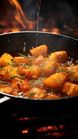 Golden caramelised potatoes pan fried with rosemary, a splash of oil and cooked over an open fire.の素材