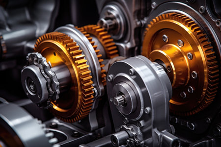 A complex gear system within modern machinery, showing the sophistication of contemporary mechanical design.の素材