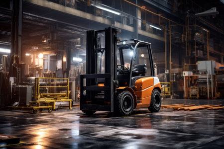 Forklift Ready for Night Shift in Warehouseの素材