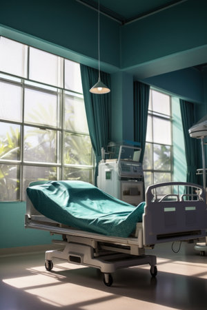 A clean and empty hospital room with a single bed and essential medical equipment, ready for patients.の素材