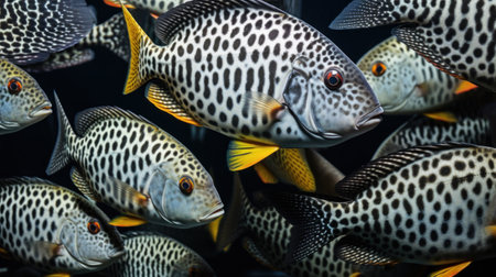 Close-up of spotted fish in an aquatic environment with vibrant yellow fins.の素材