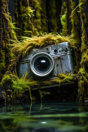 Vintage Camera Encrusted in Green Mossの素材