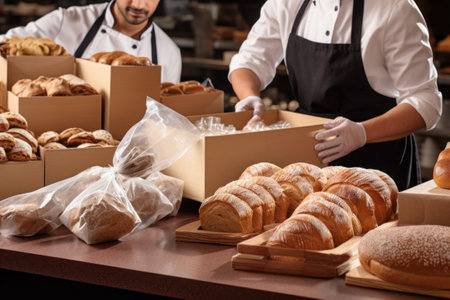 Bakers in white uniforms packing freshly baked bread into boxes in a bakery.の素材