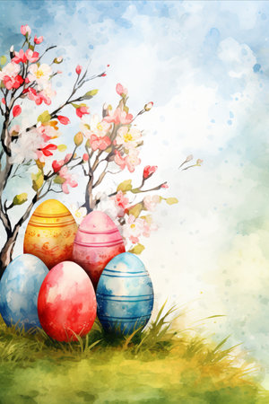 Watercolor painting of colorful easter eggs with spring blossom treeの素材