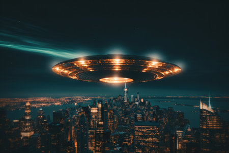 Gigantic UFO Glowing Over City Night Skyの素材