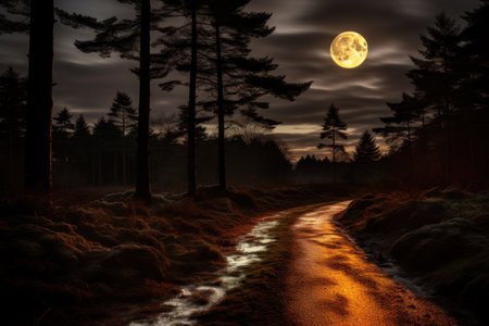Full Moon Over a Mystical Forest Path at Twilightの素材