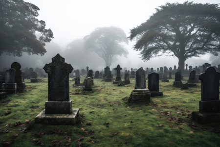 Old Graveyard in Mysterious Foggy Landscape at Dawnの素材