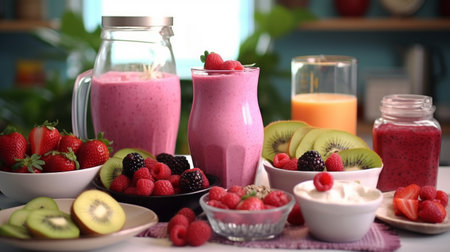 A nutritious berry smoothie accompanied by a selection of fresh fruits and berries on a kitchen counter.の素材