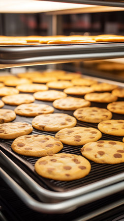 Close-up of freshly baked chocolate chip cookies on a baking tray inside an oven.の素材