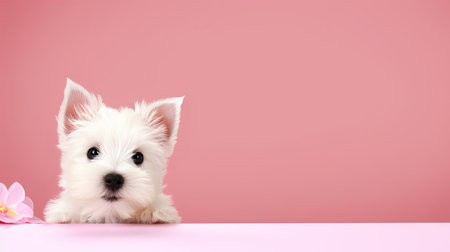 White West Highland Terrier Puppy Fluffy on Pink Background with Copy Spaceの素材