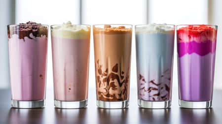 A row of various flavored milkshakes in tall glasses, showcasing a delightful assortment of colors and toppings.の素材