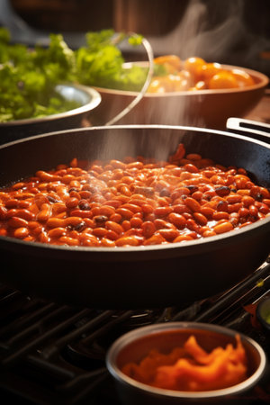 A pan of simmering beans with visible steam, prepared on a kitchen stove with fresh ingredients in the background.の素材