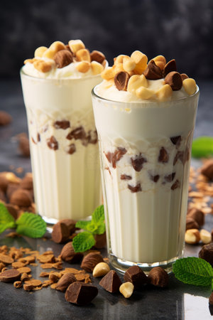 Two enticing milkshakes with whipped cream and a generous topping of chocolate chips, set against a dark background.の素材