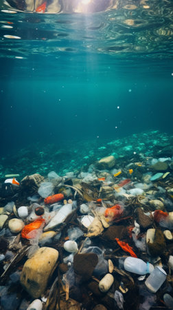 A disturbing view of the ocean floor littered with various trash, showcasing the severity of underwater pollution.の素材