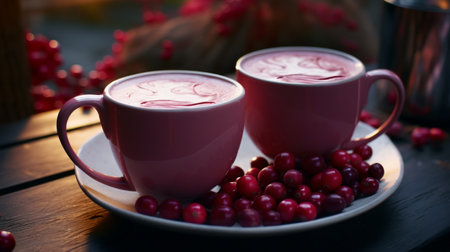 Vibrant pink lattes served in ceramic cups, arranged on a rustic wooden table among fresh cranberries..の素材