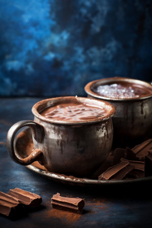 Hot chocolate in handmade ceramic mugs, accompanied by rich chocolate bars..の素材