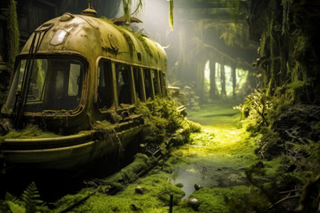 An overgrown bus lies abandoned in a lush forest, with nature reclaiming the once-occupied space...の素材
