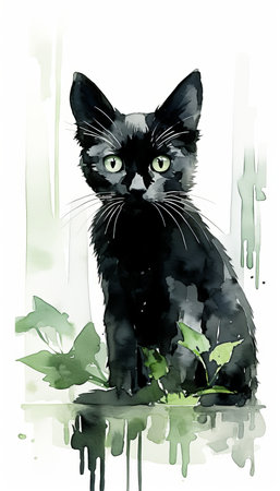Black Cat on Green Watercolor Illustration..の素材