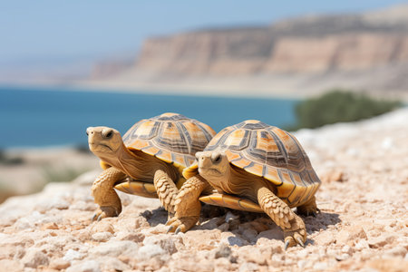 Twin Turtles on Rocky Desert Shoreline..の素材