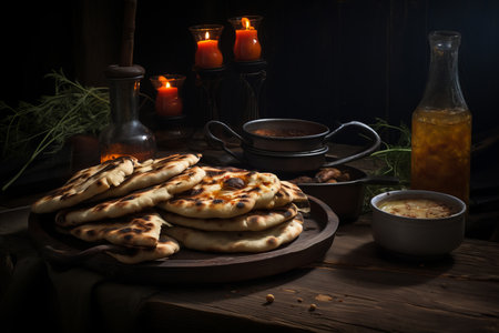 Rustic Flatbread with Condiments and Candlesの素材